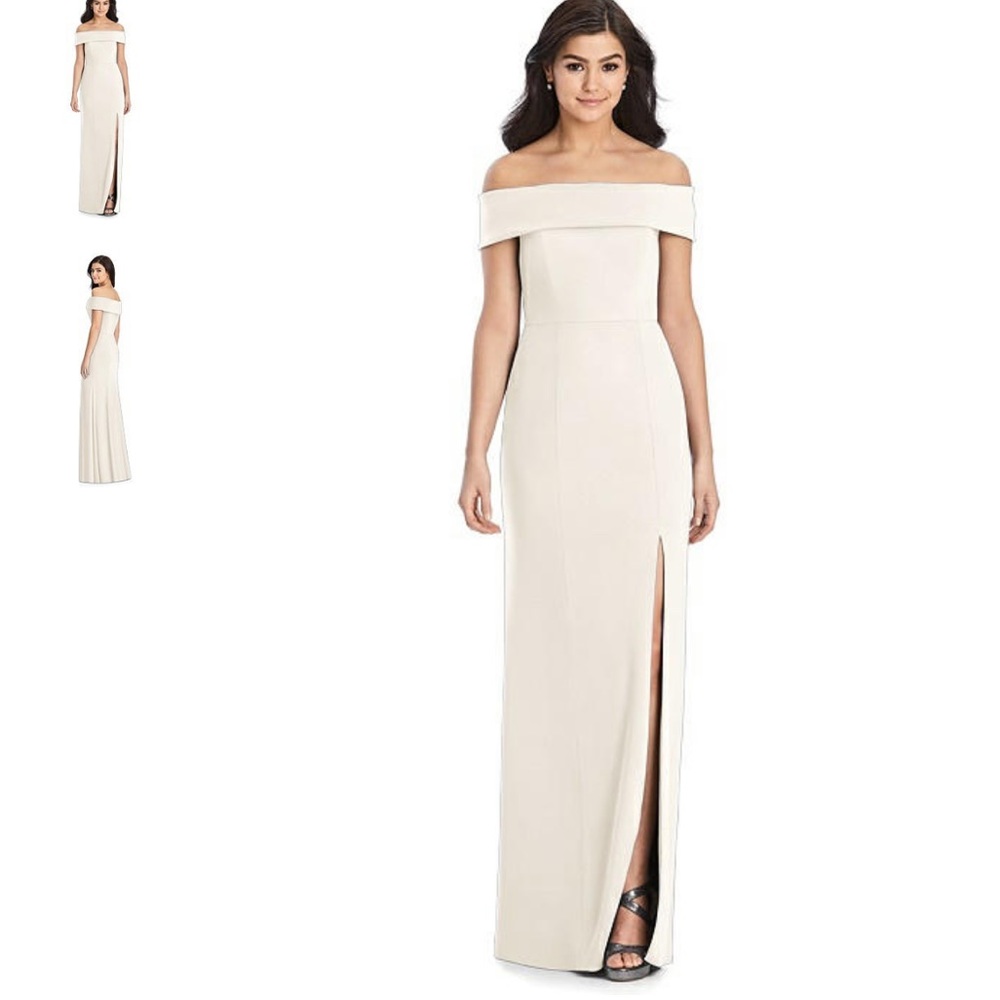 Ivory off-the shoulder crepe gown